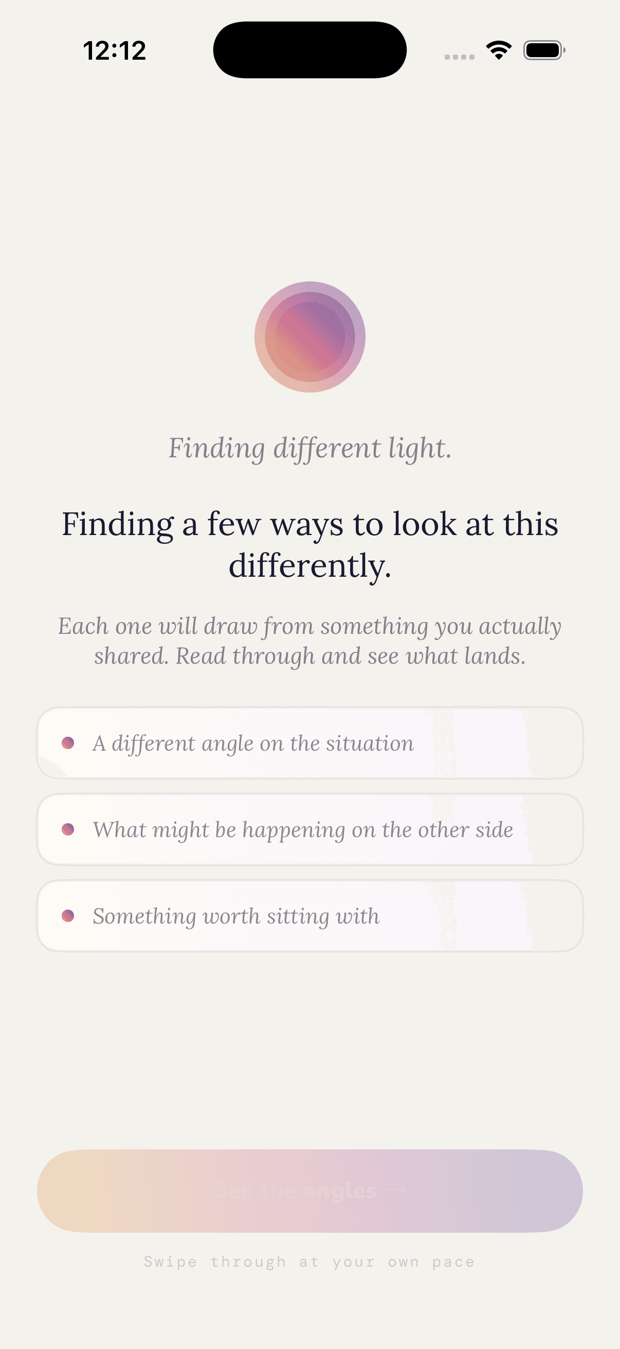 Sidelit finding angles: gradient orb with three angle previews below
