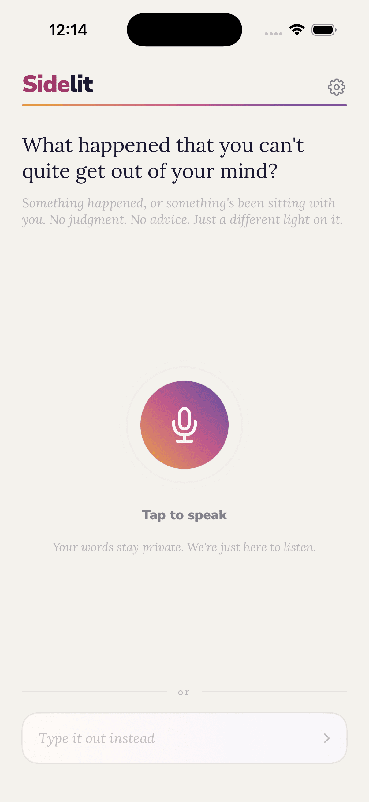 Sidelit entry screen: gradient mic button, tap to speak